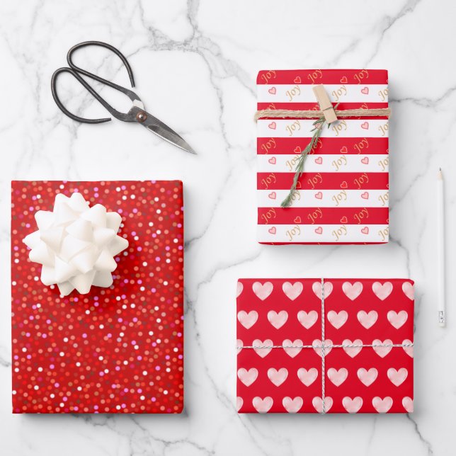 Feuille De Papier Cadeau Cœurs sur fond rouge et blanc (Recto)