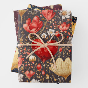 Feuille De Papier Cadeau Coeurs Tri-Color Floral & Gold Valentines
