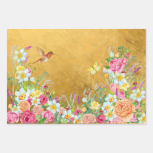 Feuille De Papier Cadeau Colibri floral Or Opulence