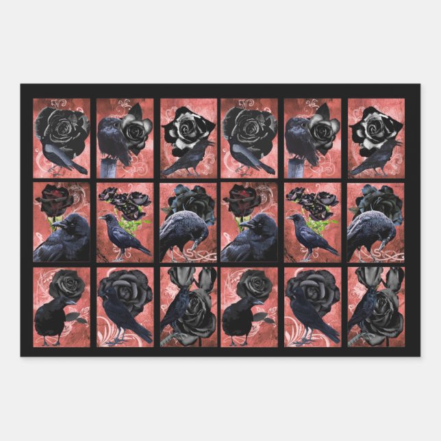 Feuille De Papier Cadeau Collage d'art gothique de corbeaux roses noirs (Devant)