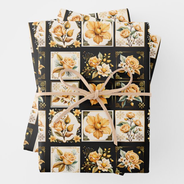 Feuille De Papier Cadeau Collage de Noël avec des fleurs (En situation)