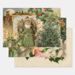 Feuille De Papier Cadeau Collage de Noël Père Noël vert de l'ancien monde A