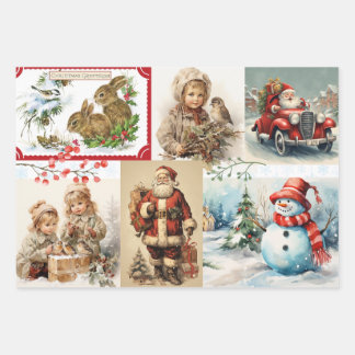 Feuille De Papier Cadeau Collage de Noël Vintage avec Père Noël et les enfa