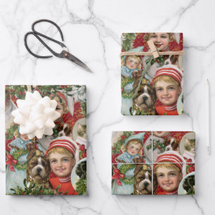 Feuille De Papier Cadeau Collage de rebuts de chats et de chiens de Noël vi