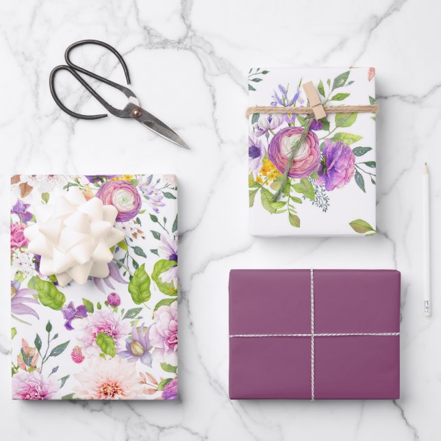 Feuille De Papier Cadeau Collage de renoncules de printemps et de roses (Recto)