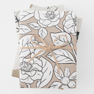 Feuille De Papier Cadeau Collage Fleurs noires, blanches et tans