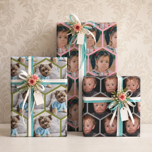 Feuille De Papier Cadeau Collage Hexagonal de Photos Personnalisées