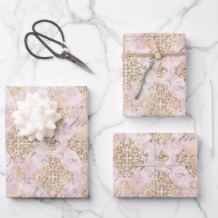 Feuille De Papier Cadeau Collage numérique d'éphémères en damas or rose