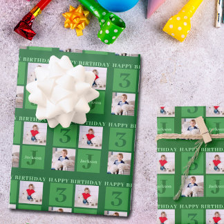 Feuille De Papier Cadeau Collage photo d'anniversaire vert Enfants personna