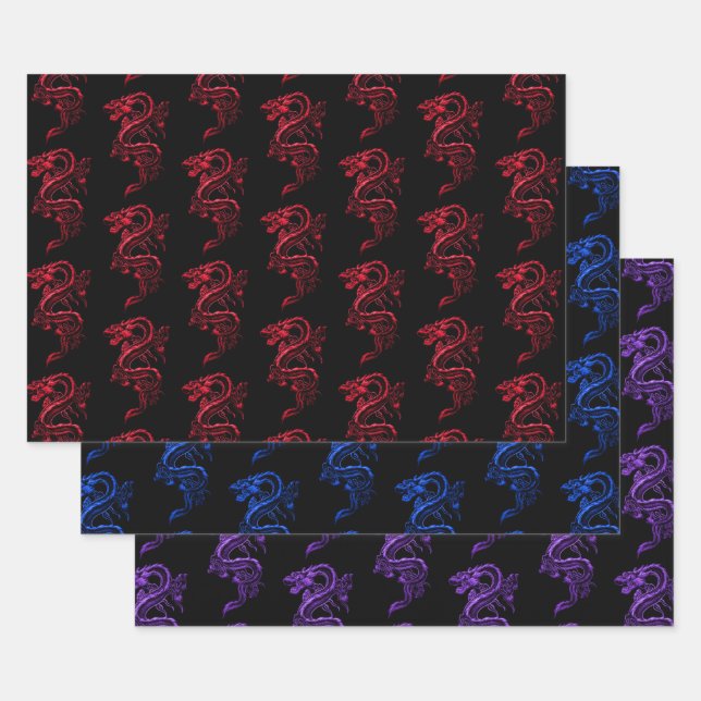 Feuille De Papier Cadeau Collection Bleu rouge et violet dragons d'Asie (Lot)