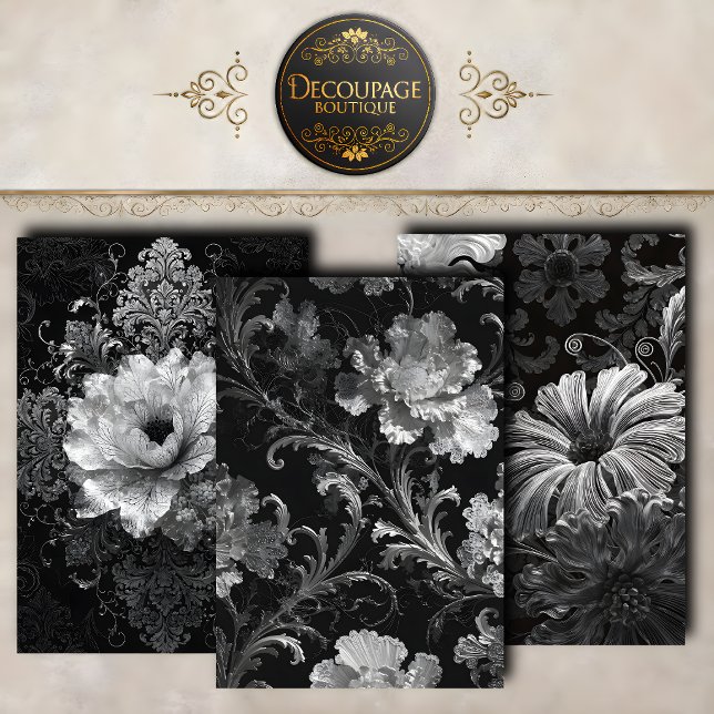 Feuille De Papier Cadeau Collection de découpage de fleurs baroques argent  (Black Silver Baroque Florals Decoupage Collection Wrapping Paper Sheets)