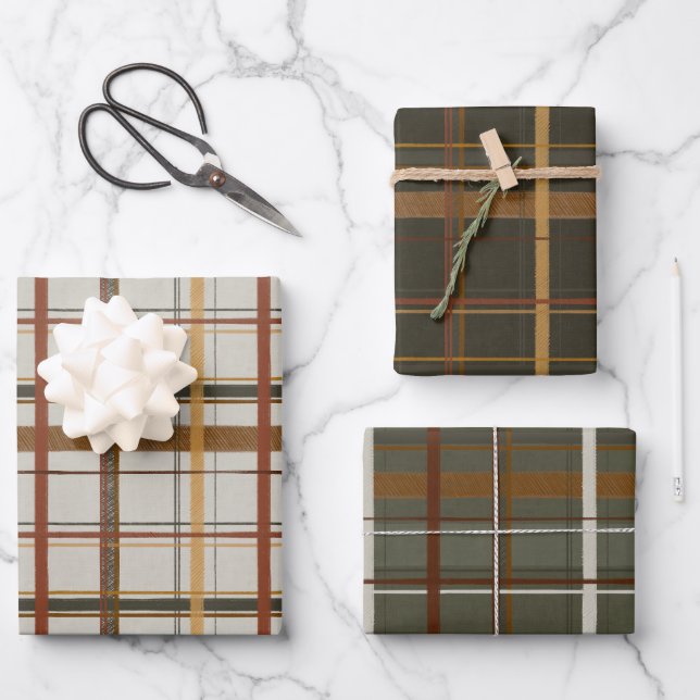 Feuille De Papier Cadeau Collection Noël | Plaids Vert, Crème, Tan (Recto)