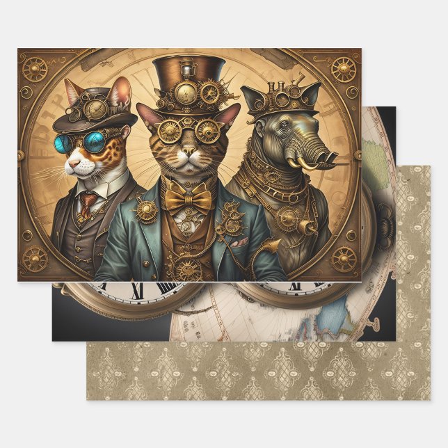 Feuille De Papier Cadeau Collection Steampunk Animal - Kitty Trio  (Créateur téléchargé)