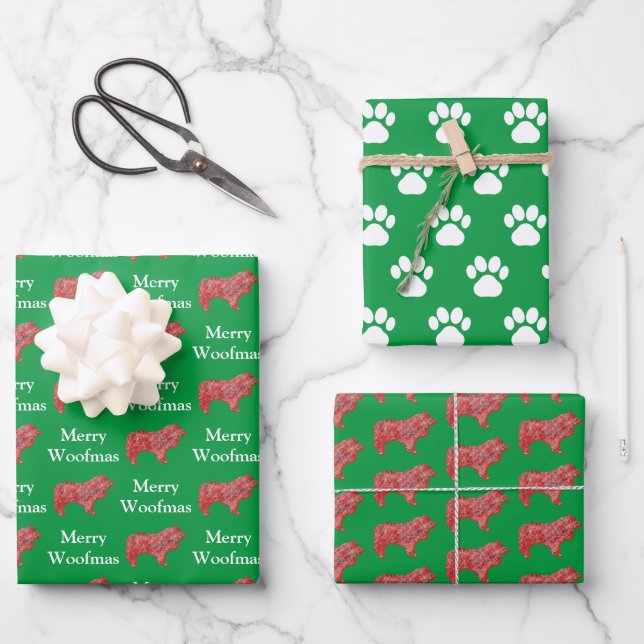 Feuille De Papier Cadeau Collie Rough Chien Silhouette Green Merry Woofmas (Recto)