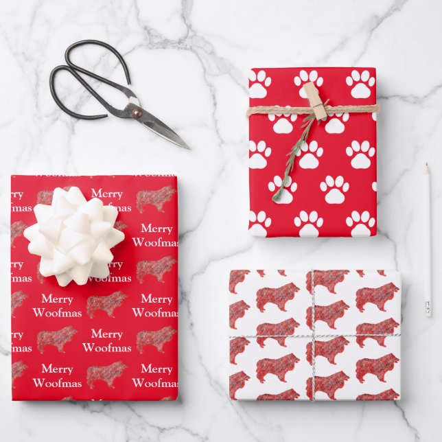 Feuille De Papier Cadeau Collie Rough mignon Chien Silhouette Rouge Joyeux  (Recto)