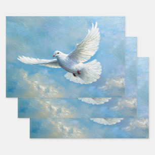 Feuille De Papier Cadeau Colombe blanche volant fond bleu
