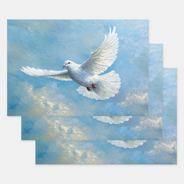 Feuille De Papier Cadeau Colombe blanche volant fond bleu (Lot)