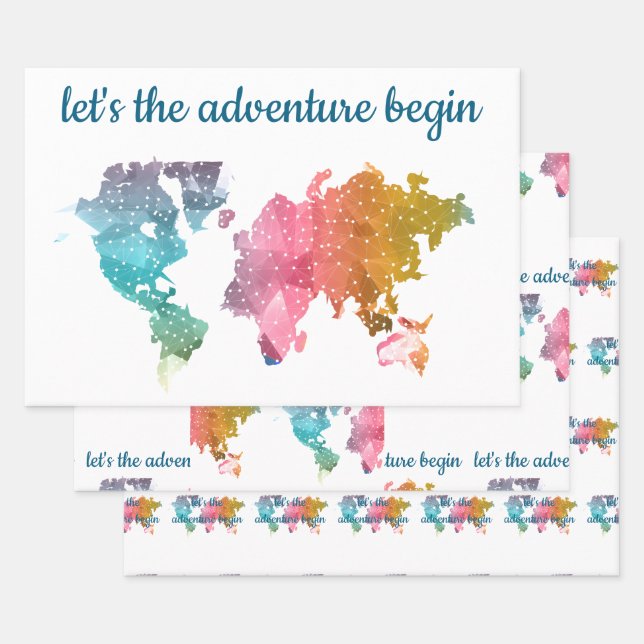 Feuille De Papier Cadeau Commençons l'aventure Carte du monde géométrique (Lot)