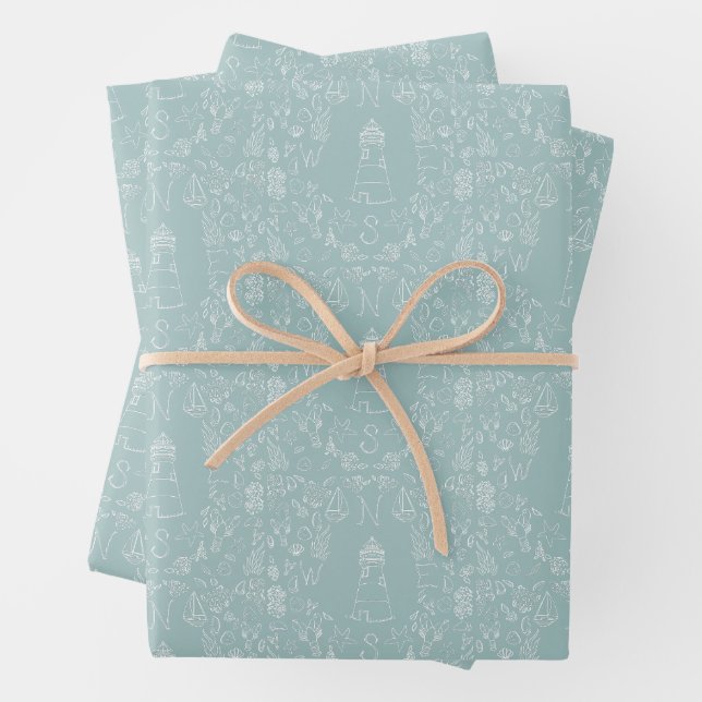 Feuille De Papier Cadeau Compas Naútque Simple Phare Côtiers Bord de Mer (En situation)