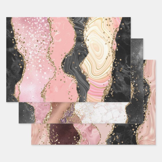 Feuille De Papier Cadeau Conception Abstraite de Marbre d'Agate en Or Rose  (Lot)