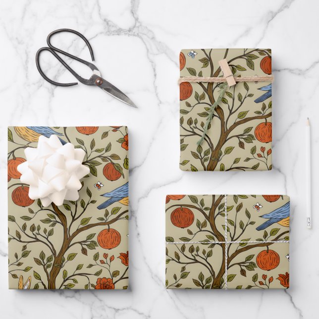 Feuille De Papier Cadeau Conception d'arbres bruns avec des pommes oranges  (Recto)