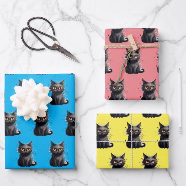 Feuille De Papier Cadeau Conception de chat noir mignon mais effrayant (Recto)