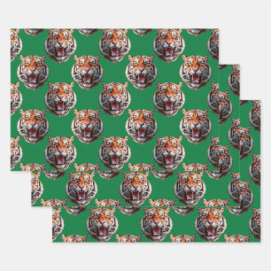 Feuille De Papier Cadeau Conception de motif de tête de tigre vert 