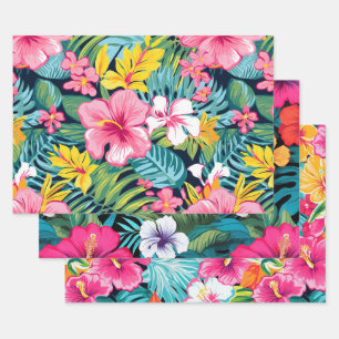 Feuille De Papier Cadeau Conception de motif floral tropical d'hibiscus plu