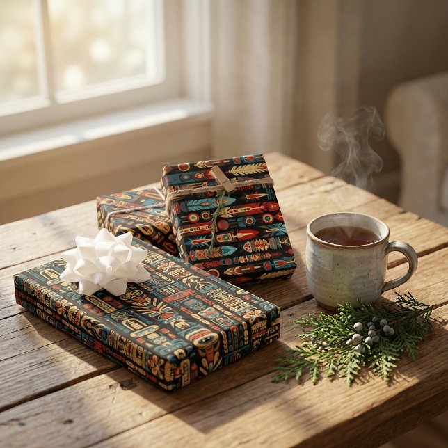 Feuille De Papier Cadeau Conception de totems et de plumes amérindiens (Créateur téléchargé)