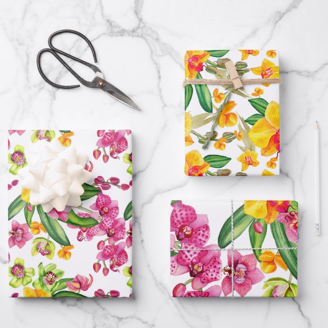 Feuille De Papier Cadeau Conception d'orchidées à l'aquarelle 18  (Recto)