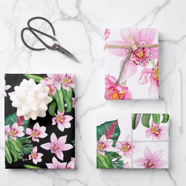 Feuille De Papier Cadeau Conception d'orchidées à l'aquarelle 27 (Recto)