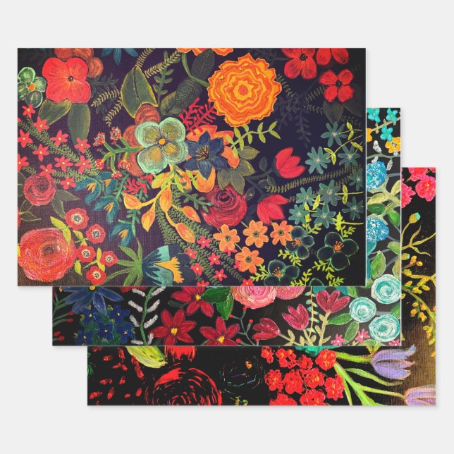 Feuille De Papier Cadeau Conception florale de peinture acrylique boho (Lot)