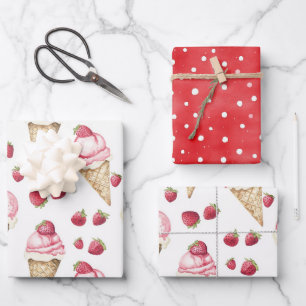 Feuille De Papier Cadeau Cônes de glace aux fraises points rouges anniversa