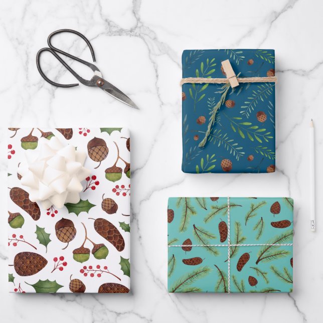 Feuille De Papier Cadeau Cônes et branches de pin de Noël Aquarelle (Recto)