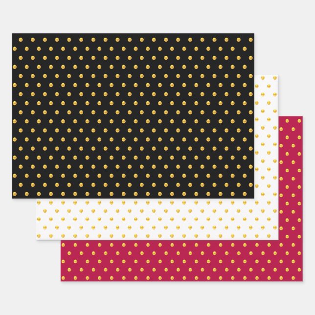 Feuille De Papier Cadeau Confetti Pois d'or sur Noir, Rouge et Blanc (Lot)