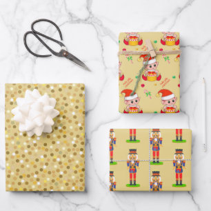 Feuille De Papier Cadeau Confettis Dorés, Lutin de Noël, Casse-Noisette