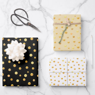 Feuille De Papier Cadeau Confettis dorés sur fond doré, noir et blanc