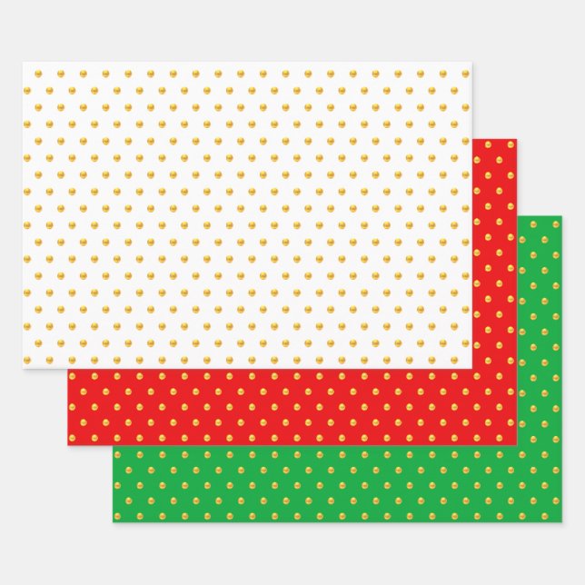 Feuille De Papier Cadeau Confettis points dorés sur fond vert, rouge et bla (Lot)