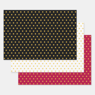 Feuille De Papier Cadeau Confettis pois dorés sur fond noir, rouge et blanc