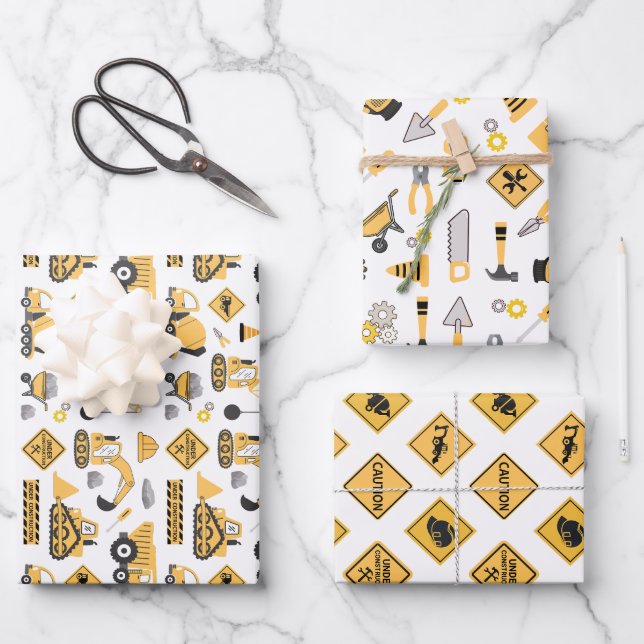 Feuille De Papier Cadeau Construction Garçons Jaunes Camion de vidage Anniv (Recto)