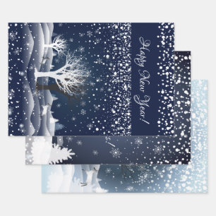Feuille De Papier Cadeau Conte de Noël. Forêt Féerique, Neige