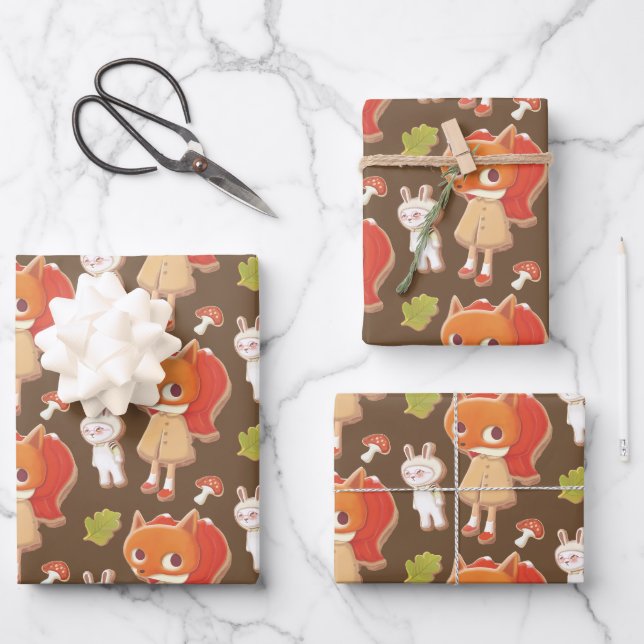 Feuille De Papier Cadeau Cookies décorés par des animaux de bois (Recto)