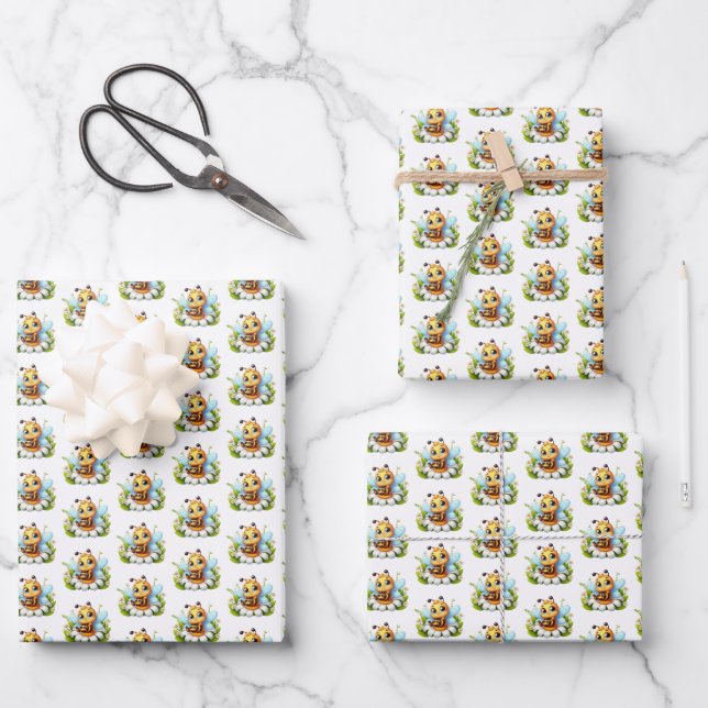 Feuille De Papier Cadeau Cool tiled unisex baby bee pattern  (Recto)
