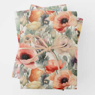 FEUILLE DE PAPIER CADEAU COQUELICOTS À L'AQUARELLE