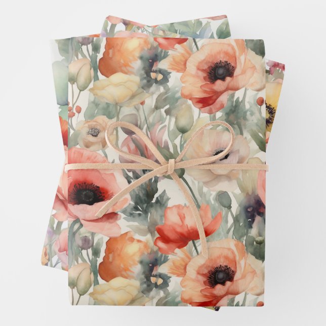 FEUILLE DE PAPIER CADEAU COQUELICOTS À L'AQUARELLE (En situation)