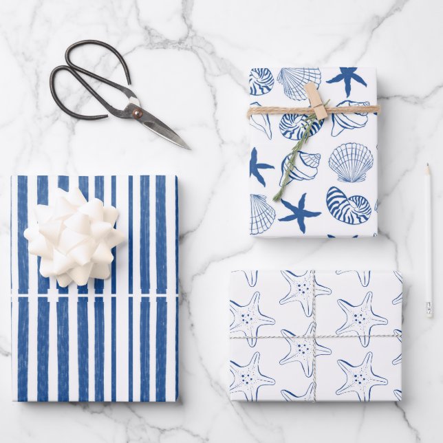 Feuille De Papier Cadeau Coques et rayures marines bleues et blanches (Recto)