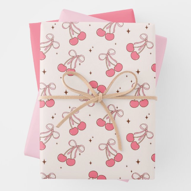 Feuille De Papier Cadeau Coquette Cherry Pink Bow Wrapping Paper Sheet Set (En situation)