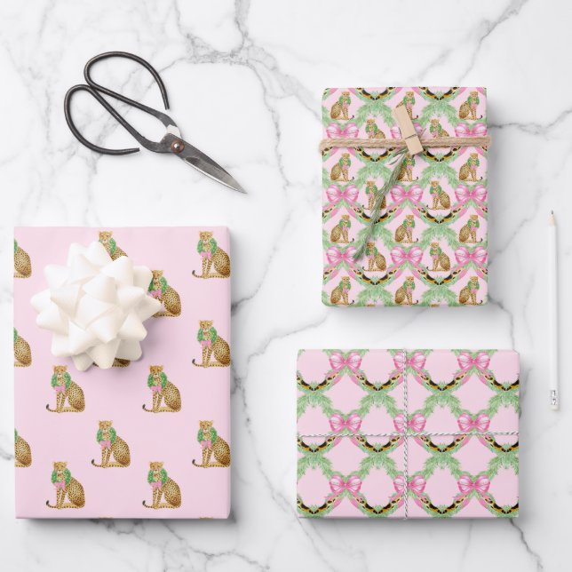 Feuille De Papier Cadeau Coquette léopard rose Noël (Recto)