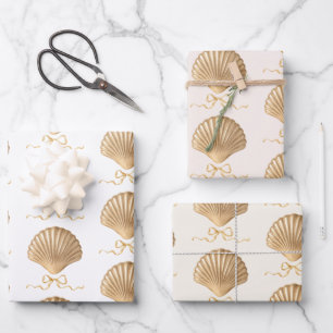 Feuille De Papier Cadeau Coquillage d'or avec Coquette Bow cadeau de Noël