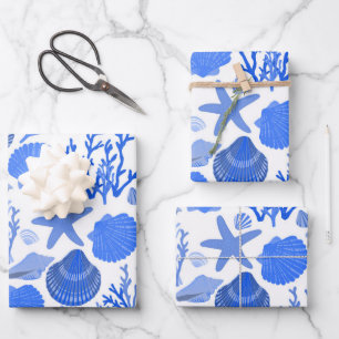 Feuille De Papier Cadeau Coquillages bleus et corail Motif Cadeau balnéaire